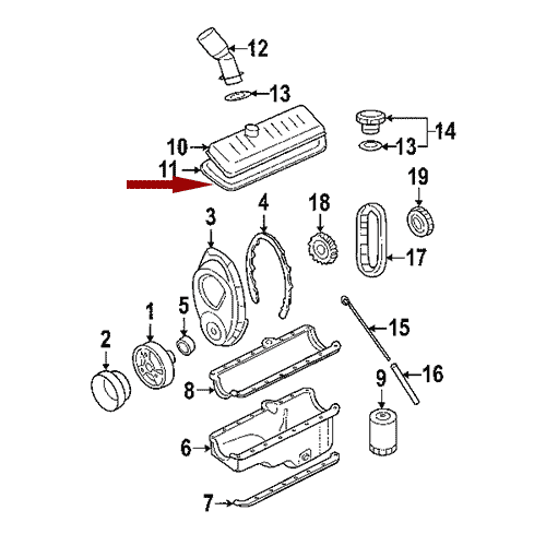 Схема расположения комплекта прокладок клапанной крышки на Chevrolet Blazer | Шевроле Блейзер 95–05 года выпуска