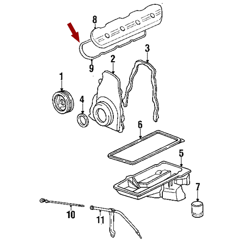 Схема расположения комплекта прокладок клапанной крышки на Chevrolet Tahoe | Шевроле Тахо 00–14 года выпуска