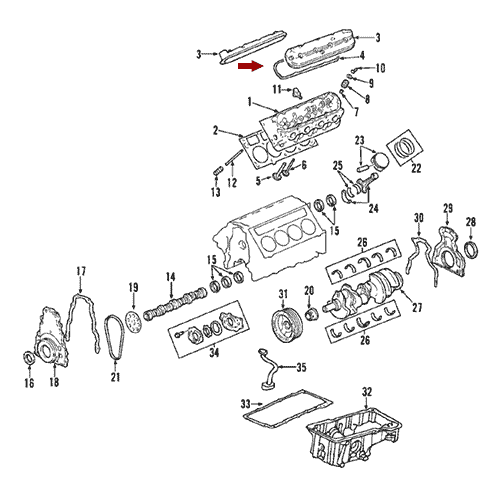 Схема расположения комплекта прокладок клапанной крышки на Шевроле Трейлблейзер 01–09 года выпуска