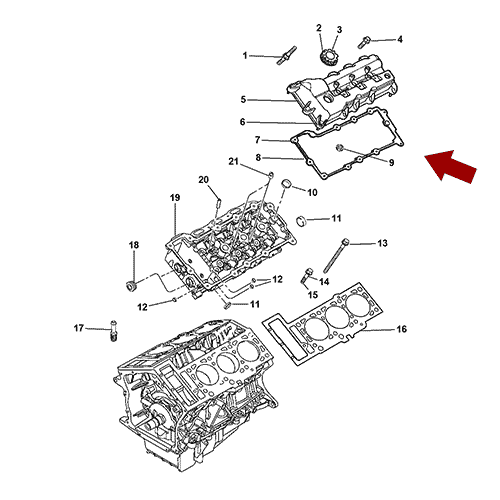 Схема расположения комплекта прокладок клапанной крышки на Крайслер 300М 98–04 года выпуска