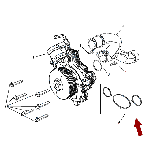 Схема расположения прокладок помпы Chrysler 300C | Крайслер 300 12–14 годов выпуска