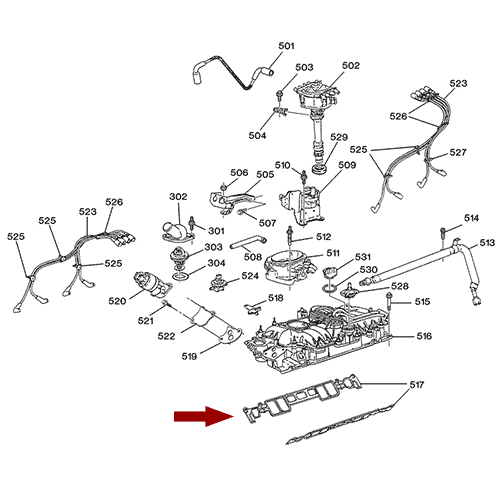 Схема расположения комплекта прокладок впускного коллектора на Chevrolet Tahoe | Шевроле Тахо 96–00 года выпуска 