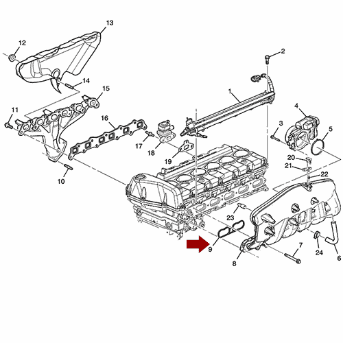 Схема расположения комплекта прокладок впускного коллектора на Chevrolet Trailblazer | Шевроле Трейлблейзер 02–09 года выпуска