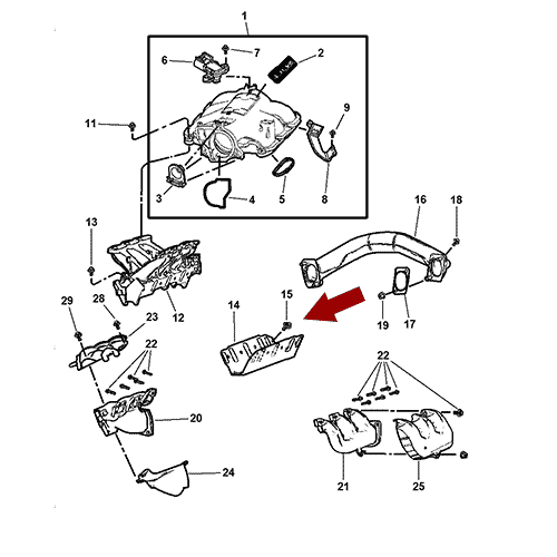 Схема расположения комплекта прокладок впускного коллектора на Крайслер Таун Кантри 01–10 года выпуска