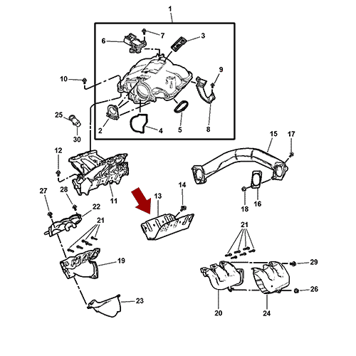Схема расположения комплекта прокладок впускного коллектора на Крайслер Вояджер 01–03 года выпуска