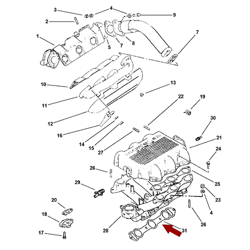 Схема расположения комплекта прокладок впускного коллектора на Крайслер Вояджер 99–00 года выпуска