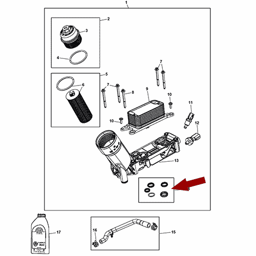 Схема расположения уплотнительных колец (прокладок) адаптера масляного фильтра на Chrysler 300C | Крайслер 300C (Ц) 14–17 года выпуска