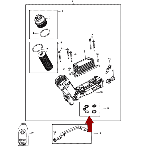 Схема расположения уплотнительных колец (прокладок) адаптера масляного фильтра на Chrysler Town & Country | Крайслер Таун Кантри 14–16 года выпуска