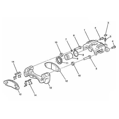 Схема расположения комплекта уплотнительных колец тормозного супорта на Cadillac CTS | Кадиллак ЦТС 08–13 года выпуска 