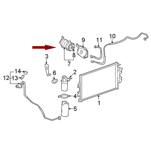 Схема расположения компрессора кондиционера с муфтой Cadillac Escalade | Кадиллак Эскалейд 03–09 года выпуска