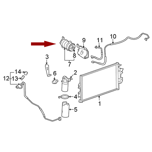 Схема расположения компрессора кондиционера с муфтой Chevrolet Avalanche | Шевроле Аваланч 07–09 года выпуска