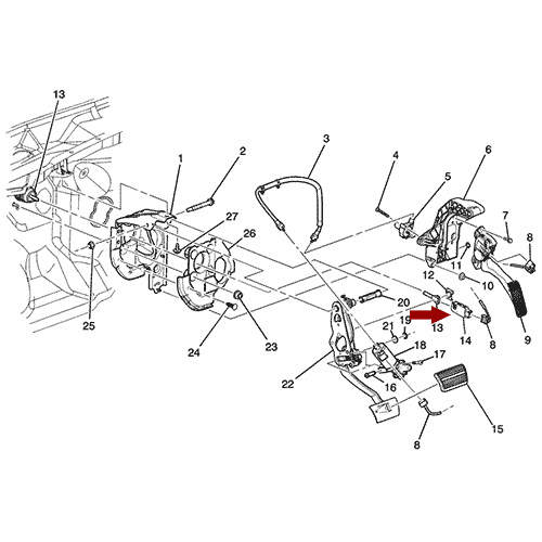 Схема расположения концевого выключателя педали тормоза на Шевроле Аваланч 07–11 годов выпуска