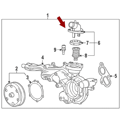 Схема расположения корпуса термостата Chevrolet Tahoe | Шевроле Тахо 15–18 года выпуска