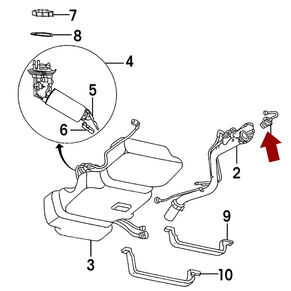 Схема расположения Пробки (крышки) бензобака на Крайслере Таун Кантри 93-10 годов выпуска