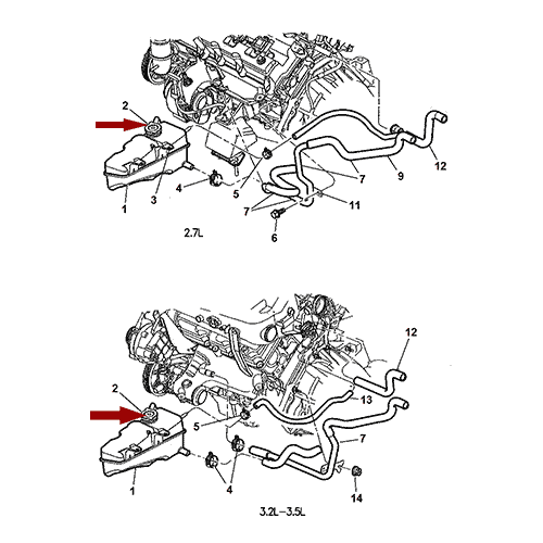 Схема расположения крышки радиатора Chrysler 300M | Крайслер 300М 99–04 года выпуска