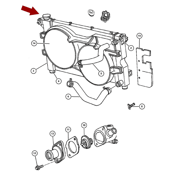 Схема расположения крышки радиатора на Крайслере Таун Кантри 01-07 годов выпуска