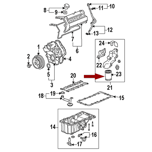 Схема расположения фильтра масляного на Кадиллак СТС 05–09 годов выпуска