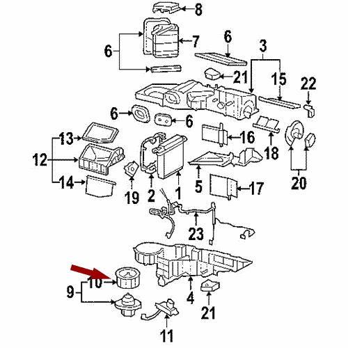 Схема расположения мотора печки (отопителя салона) на Chevrolet Tahoe | Шевроле Тахо 07–14 года выпуска