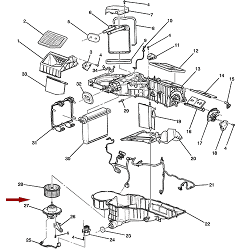 Схема расположения мотора печки (отопителя салона) на Cadillac Escalade | Кадиллаке Эскалейд 07–14 года выпуска