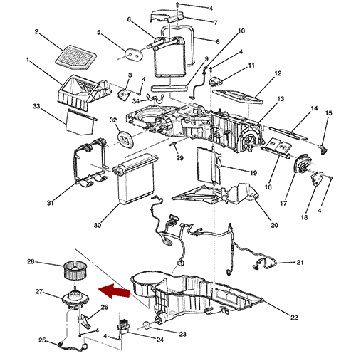 Схема расположения мотора печки (отопителя салона) на Chevrolet Avalanche | Шевроле Аваланч 07–13 года выпуска