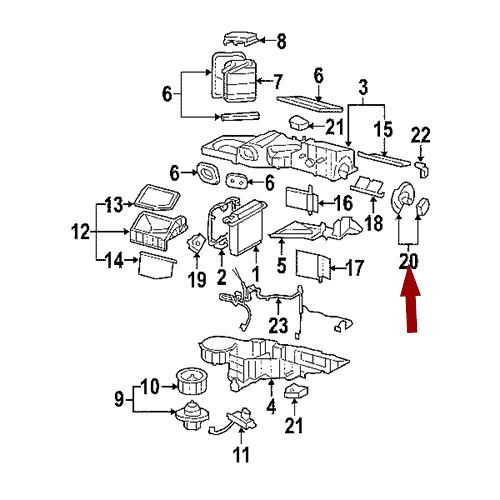 Схема расположения мотора заслонки отопителя (активатора) на Chevrolet Tahoe | Шевроле Тахо