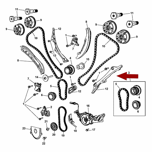 Схема расположения направляющей для цепи ГРМ на Крайслере Таун Кантри 11–16 года выпуска