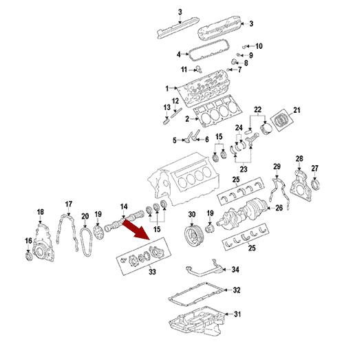 Схема расположения масляного насоса двигателя на Cadillac Escalade | Кадиллак Эскалейд 07–14 года выпуска 