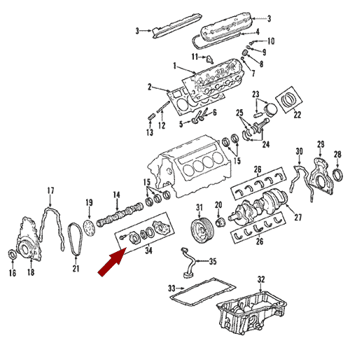 Схема расположения масляного насоса двигателя на Chevrolet Trailblazer | Шевроле Трейлблейзер 07–09 года выпуска 