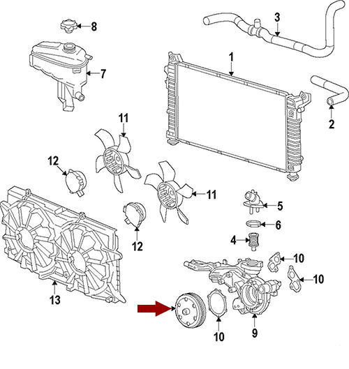 Схема расположения насоса охлаждающей жидкости Chevrolet Tahoe | Шевроле Тахо 15–НВ года выпуска