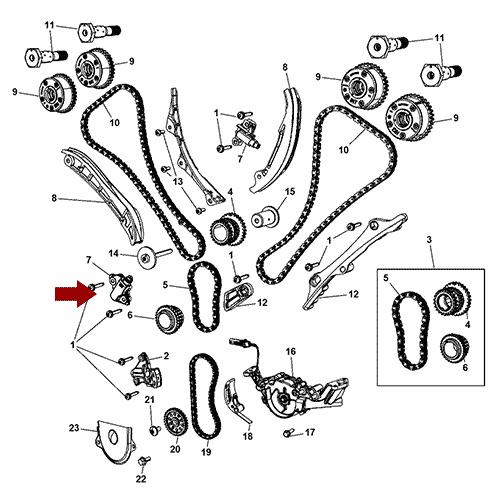 Схема расположения натяжителя цепи на Крайслере 300С 11–17 года выпуска