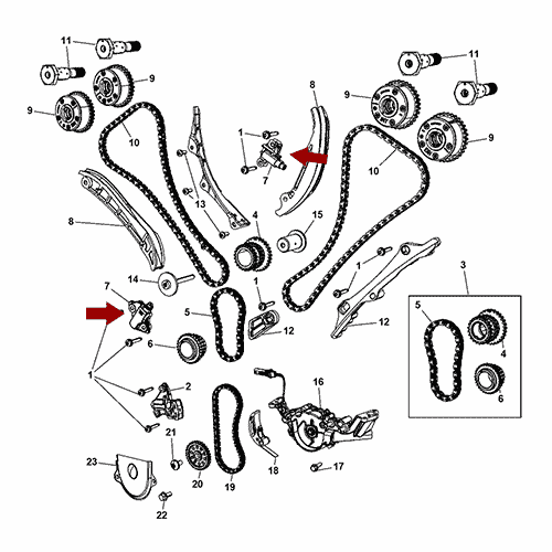 Схема расположения натяжителя цепи на Крайслер Таун Кантри 11–16 года выпуска