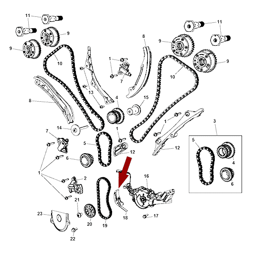 Схема расположения натяжителя цепи на Крайслере Таун Кантри 11–16 года выпуска