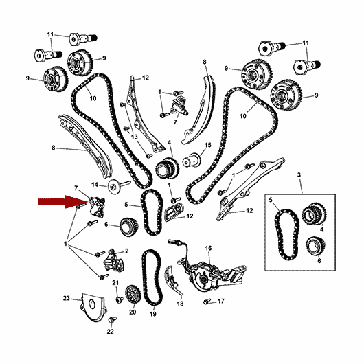Схема расположения натяжителя цепи (ролика) ГРМ на Крайслере Таун Кантри 14–14 года выпуска