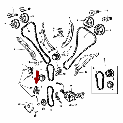 Схема расположения натяжителя привода ГРМ на Крайслер 300С 3.6 литра 11–17 года выпуска