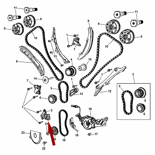 Схема расположения натяжителя привода ГРМ на Крайслере Таун Кантри 3.6 литра 11–16 года выпуска