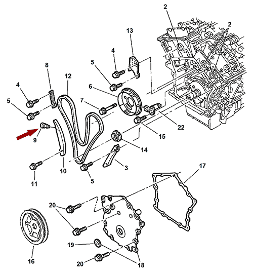 Схема расположения натяжителя цепи гидравлического Chrysler 300M | Крайслер 300М 98–99 года выпуска
