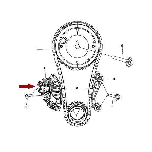 Схема расположения натяжителя цепи ГРМ на Chrysler Aspen | Крайслер Аспен 09 года выпуска