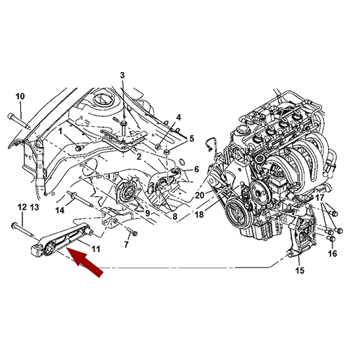 Схема расположения опоры двигателя передней Chrysler PT Cruiser | Крайслер Пт Крузер 01–09 года выпуска