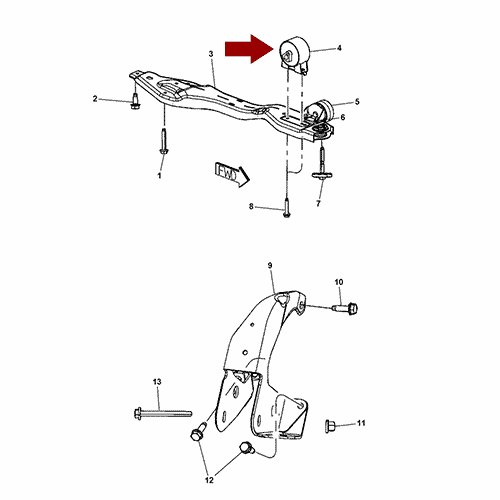 Схема расположения подушки двигателя передней Chrysler Town Country | Крайслер Таун Кантри 08–10 года выпуска