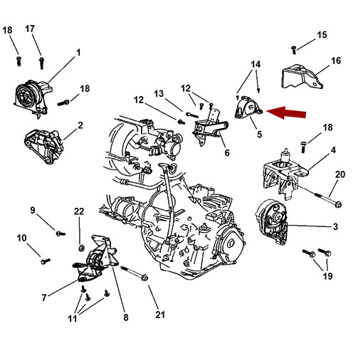 Схема расположения задней опоры двигателя Chrysler Voyager | Крайслер Вояджер 01–03 года выпуска
