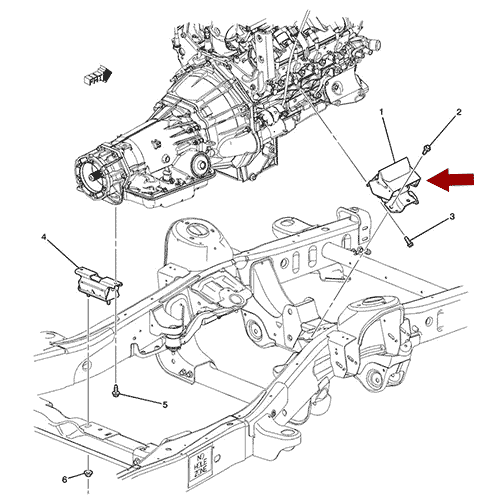 Схема расположения опоры двигателя (ДВС) Cadillac Escalade | Кадиллак Эскалейд 07–14 года выпуска