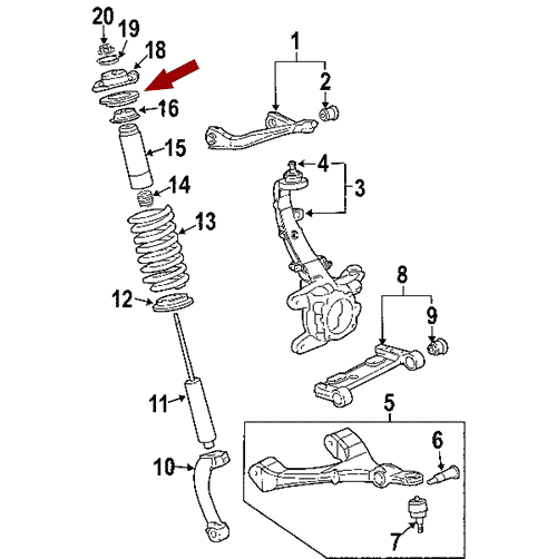 Схема расположения опоры верхней переднего амортизатора на Шевроле Трейлблейзер 02–09 годов выпуска