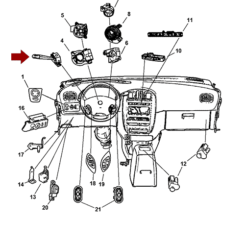 Схема расположения переключателя подрулевого левого на Крайслере Таун Кантри 01-07 годов выпуска