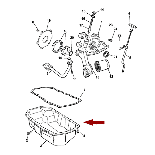 Схема расположения подонна масляного двигателя на Крайслере Таун Кантри 01–07 года выпуска 2.4 л