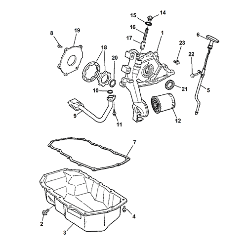 Схема расположения подонна масляного двигателя на Крайслере Вояджер 01–03 года выпуска