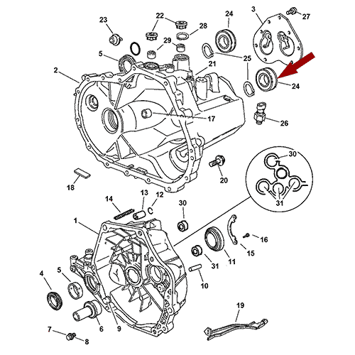 Схема расположения подшипника коробки передач на Chrysler Pt Cruiser | Крайслер Пт Крузер 09–10 года выпуска