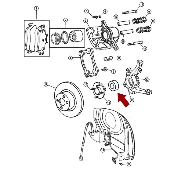Схема расположения подшипника передней ступицы на Крайслер Пт Крузер 01–02 годов выпуска