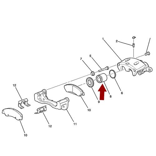 Схема расположения поршня тормозного суппорта на Cadillac Escalade | Кадиллак Эскалейд 07–18 года выпуска