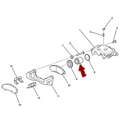 Схема расположения поршня тормозного суппорта на Chevrolet Avalanche | Шевроле Аваланч 07–13 года выпуска