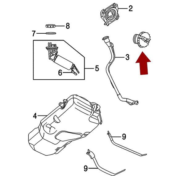 Схема расположения Пробки (крышки) бензобака на Крайслере Пт Крузер 01-10 годов выпуска